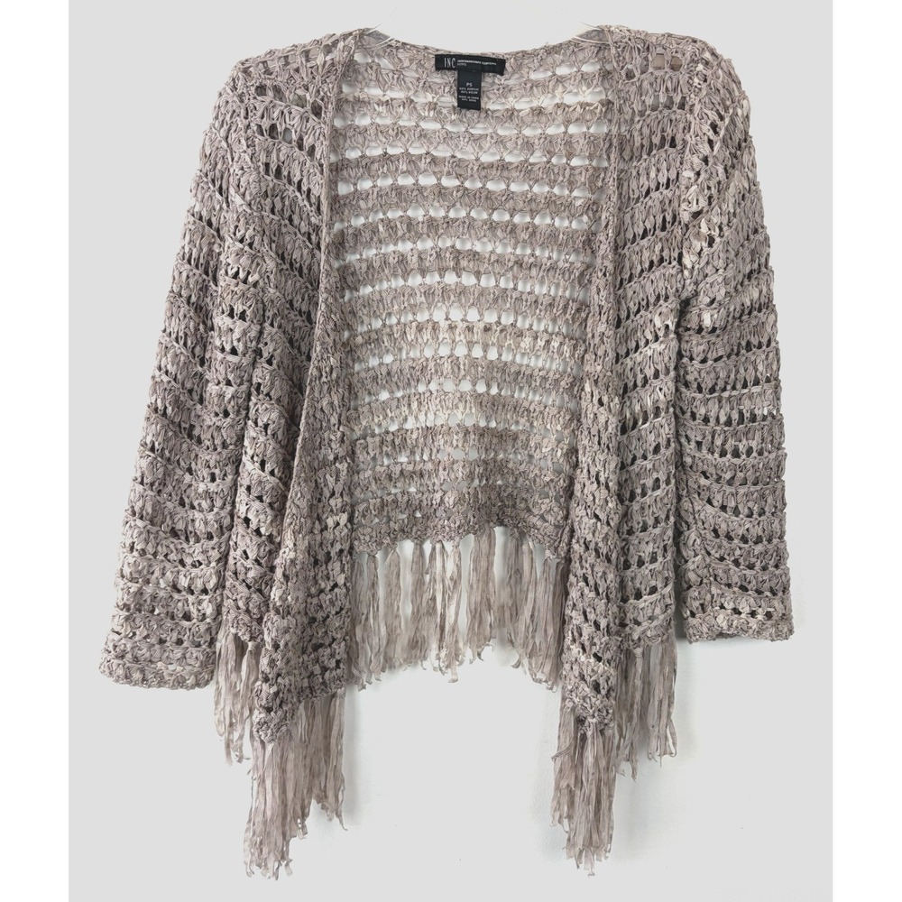 INC Open Knit Cardigan Sweater Womens Small Petite Beige Fringe Boho Capsule